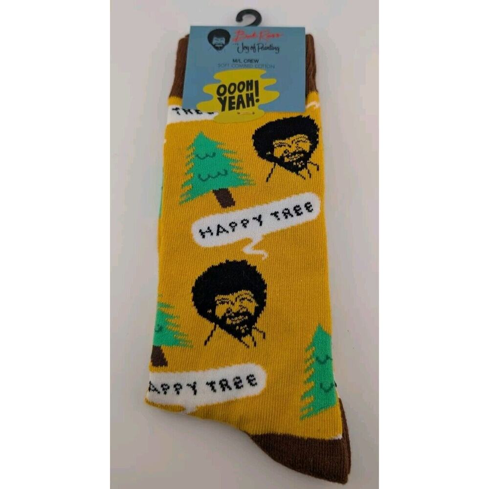 Bob Ross Happy Tree Socks Yellow Green Brown Crew New M/L Combed Cotton (15)
